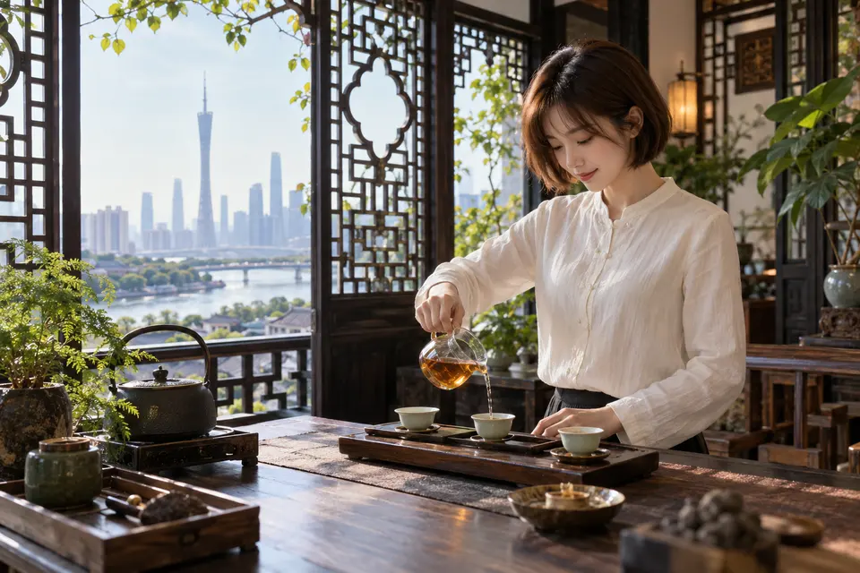 岭南花窗冲泡空间示意，公道杯分茶