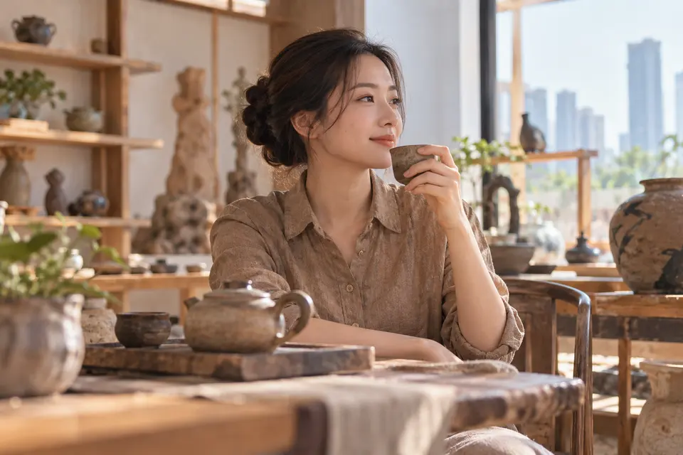 陶艺茶器工作室示意，茶杯与陶器