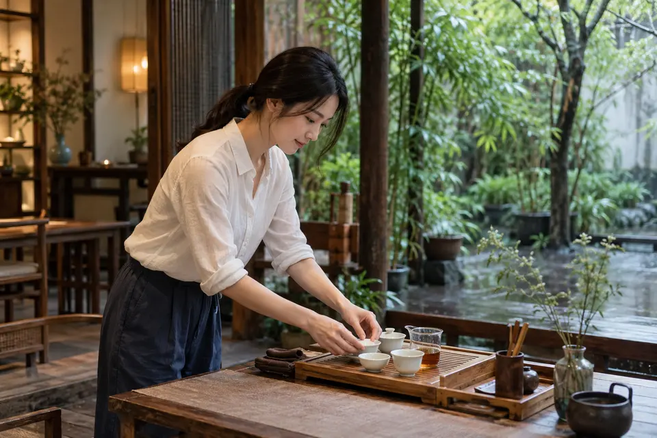 庭院茶席布置示意，盖碗与竹制茶具