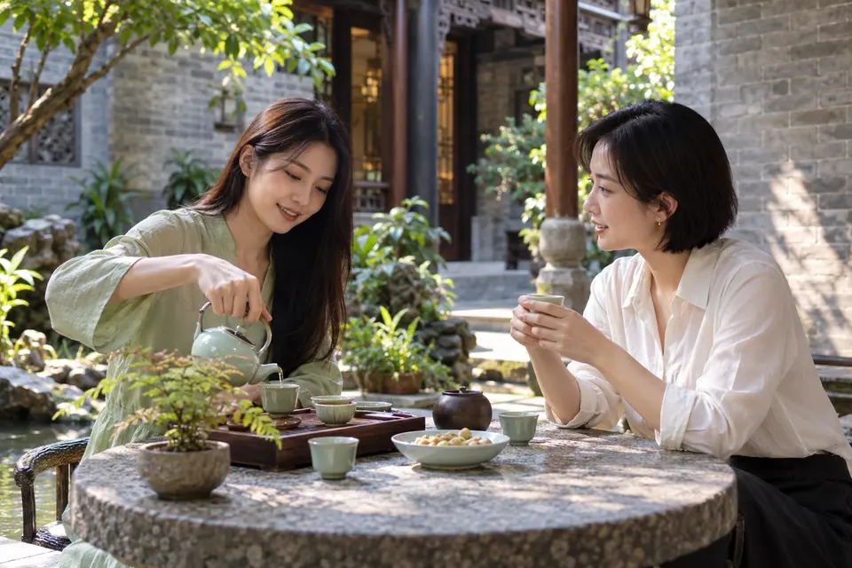 岭南庭院茶友交流示意，青瓷倒茶